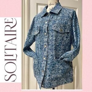 SOLITAIRE DENIM JACKET CRAFTED FLORAL PRINT 4 POCKETS SZ M VERSATILE AESTHETIC